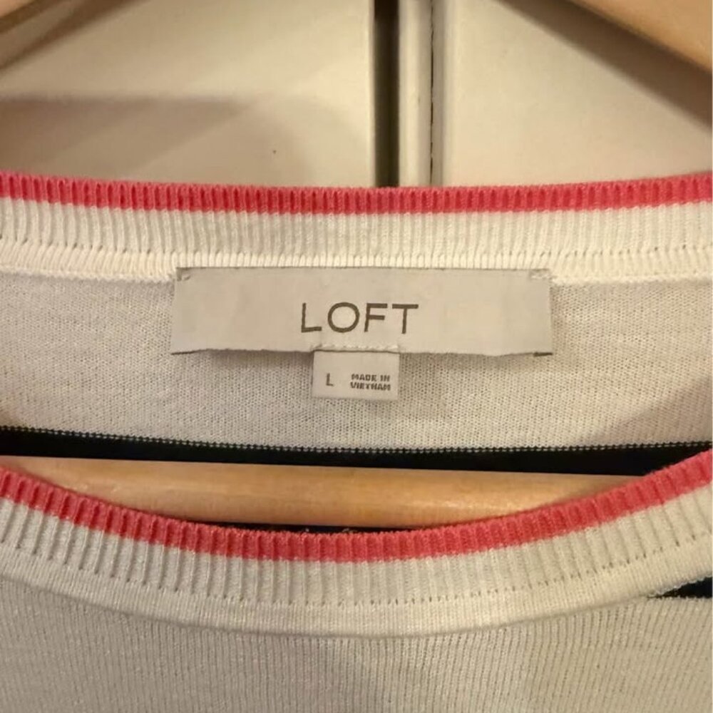 Women's Loft Long Sleeve Ivory with Navy Stripes and Pink Trim Knit Shirt-Size L - Picture 6 of 6